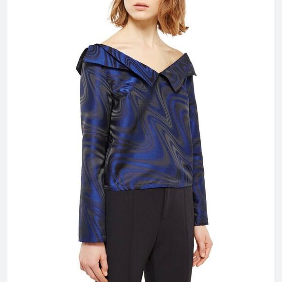 Opening Ceremony Blue Black Shiny Long Sleeve Formal Button Back Top - Picture 1 of 8